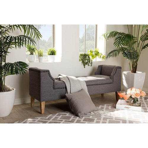 Baxton Studio Perret Modern and Contemporary Gray Linen Fabric Upholstered Oak Brown Finished Wood Bench