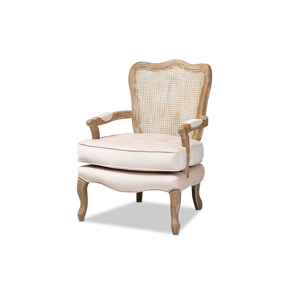 Baxton Studio Vallea Traditional French Provincial Light Beige Velvet Fabric Upholstered White-Washed Oak Wood Armchair