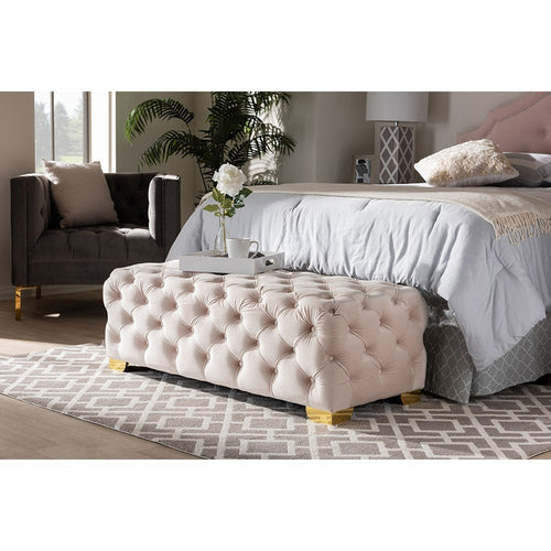 Baxton Studio Avara Glam and Luxe Light Beige Velvet Fabric Upholstered Gold Finished Button Tufted Bench Ottoman