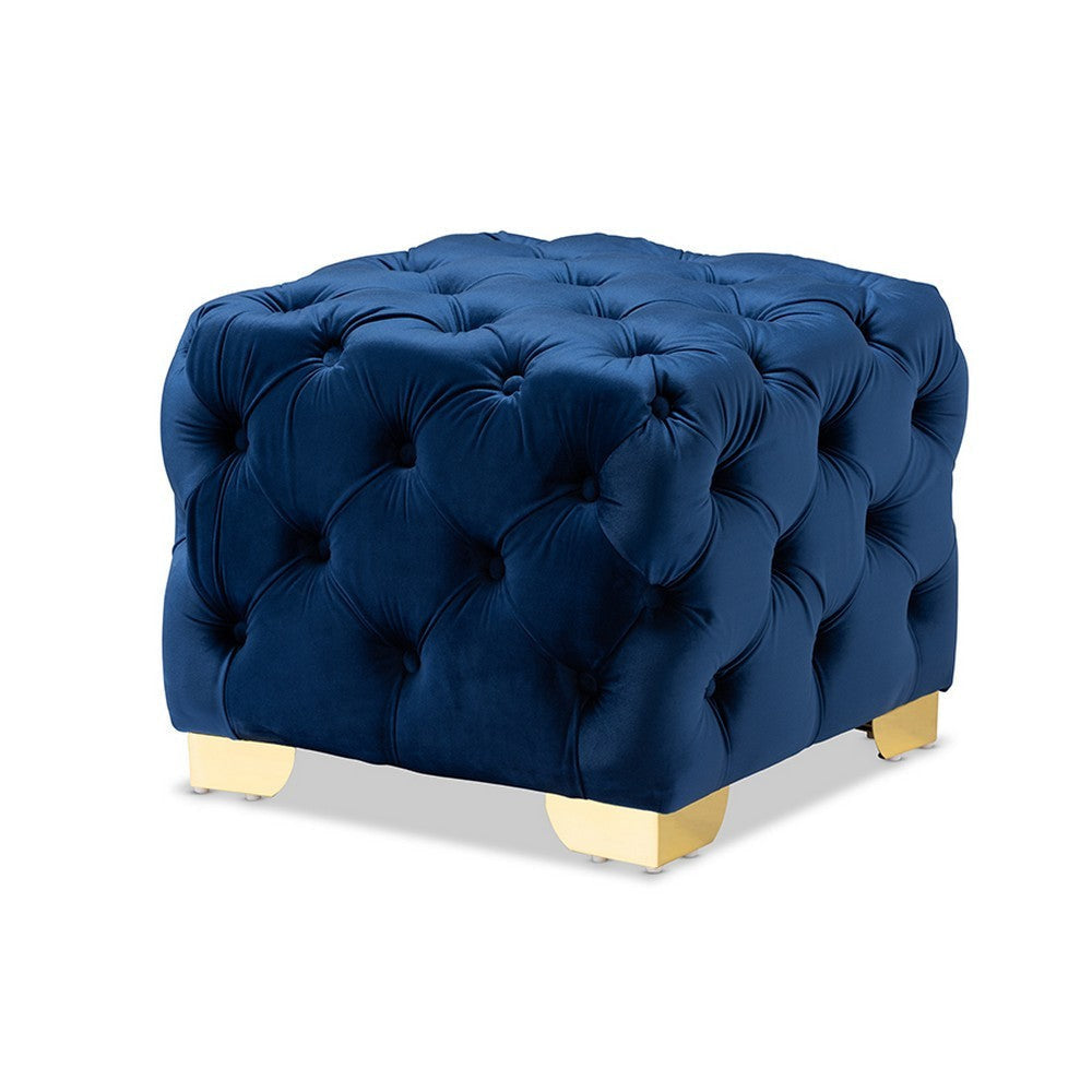 Baxton Studio Avara Glam and Luxe Royal Blue Velvet Fabric Upholstered Gold Finished Button Tufted Ottoman