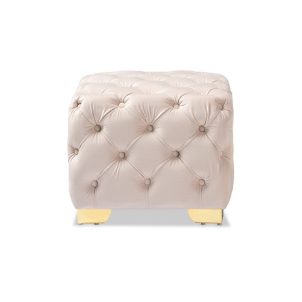 Baxton Studio Avara Glam and Luxe Light Beige Velvet Fabric Upholstered Gold Finished Button Tufted Ottoman