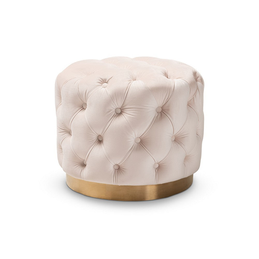 Baxton Studio Valeria Glam Light Beige Velvet Fabric Upholstered Gold-Finished Button Tufted Ottoman