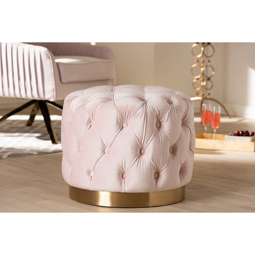Baxton Studio Valeria Glam Light Pink Velvet Fabric Upholstered Gold-Finished Button Tufted Ottoman