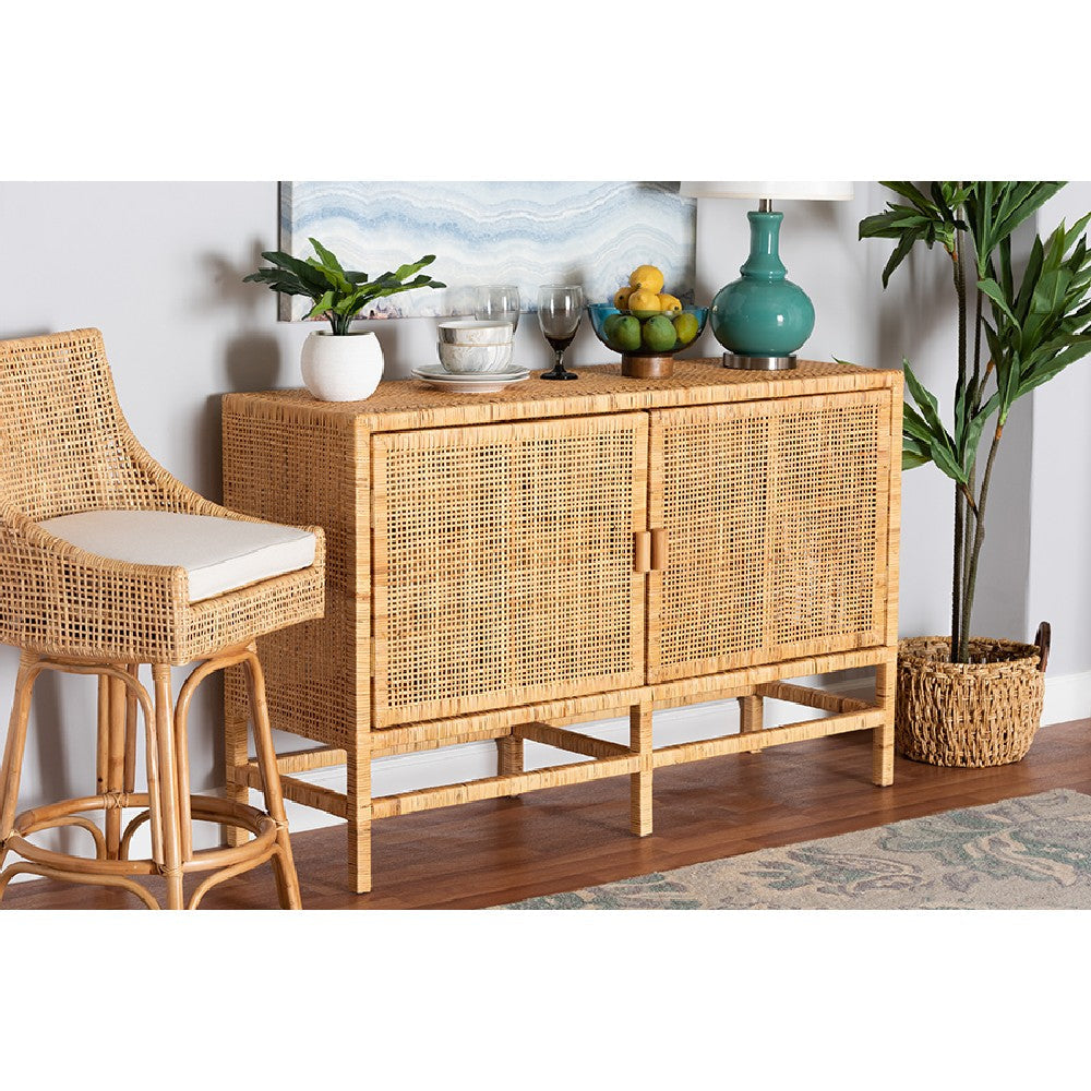 bali & pari Vivan Modern Bohemian Natural Brown Rattan and Mahogany Wood Storage Cabinet