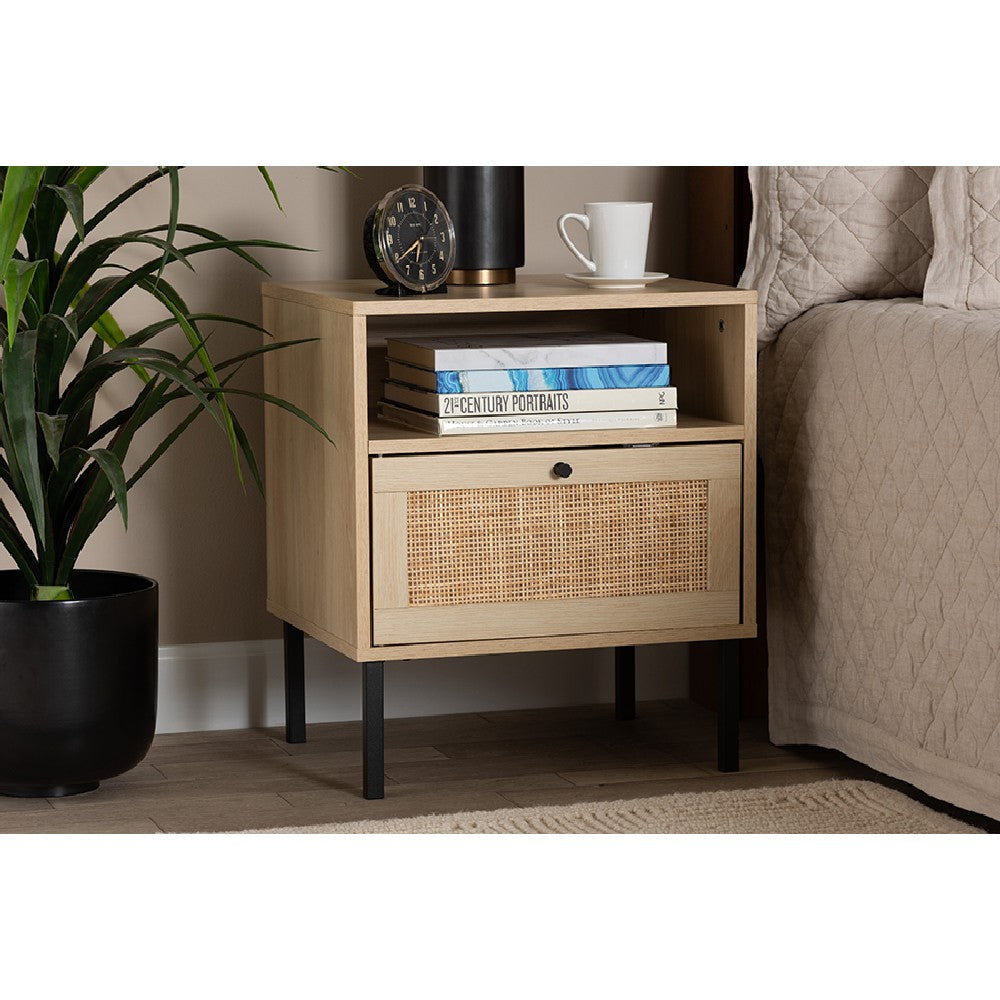 Baxton Studio Caterina Mid-Century Modern Transitional Natural Brown Finished Wood and Natural Rattan 1-Door End Table