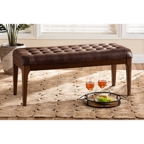 Baxton Studio Walsh Mid-Century Modern Dark Brown Leather-Effect Polyester Fabric Upholstered and Walnut Brown Finished Wood Dining Bench