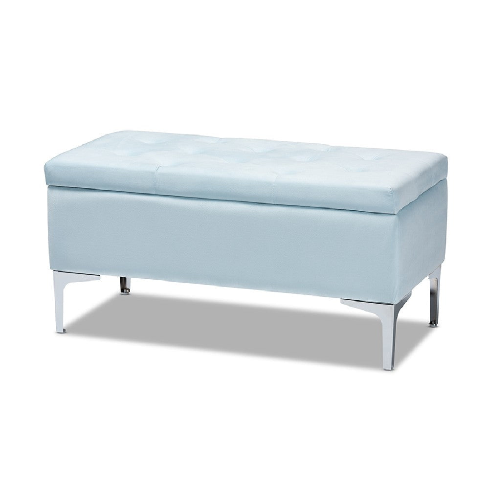 Baxton Studio Mabel Modern and Contemporary Transitional Light Blue Velvet Fabric Upholstered Silver Finished Storage Ottoman