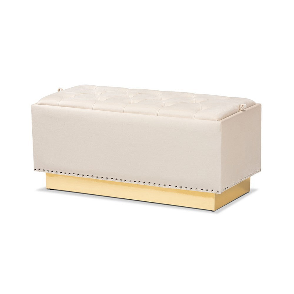 Baxton Studio Powell Glam and Luxe Beige Velvet Fabric Upholstered and Gold PU Leather Storage Ottoman