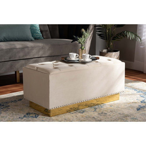 Baxton Studio Powell Glam and Luxe Beige Velvet Fabric Upholstered and Gold PU Leather Storage Ottoman