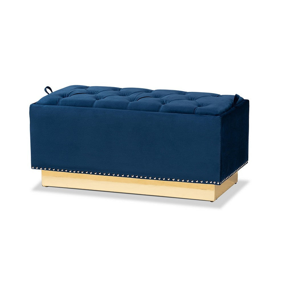 Baxton Studio Powell Glam and Luxe Navy Blue Velvet Fabric Upholstered and Gold PU Leather Storage Ottoman