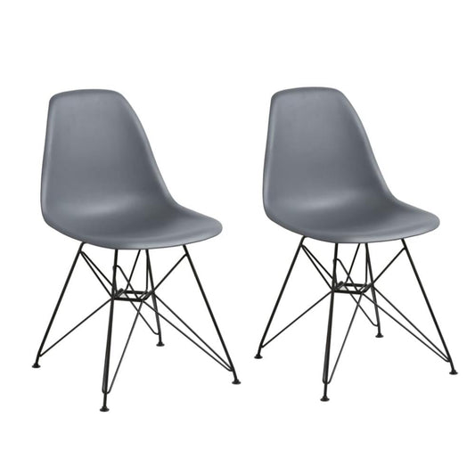 Deep Back Plastic Chair with Metal Eiffel Legs, Set of 2, Gray and Black