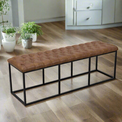 Bench | Button Tufted Seat | Faux Leather | Metal Base | Brown