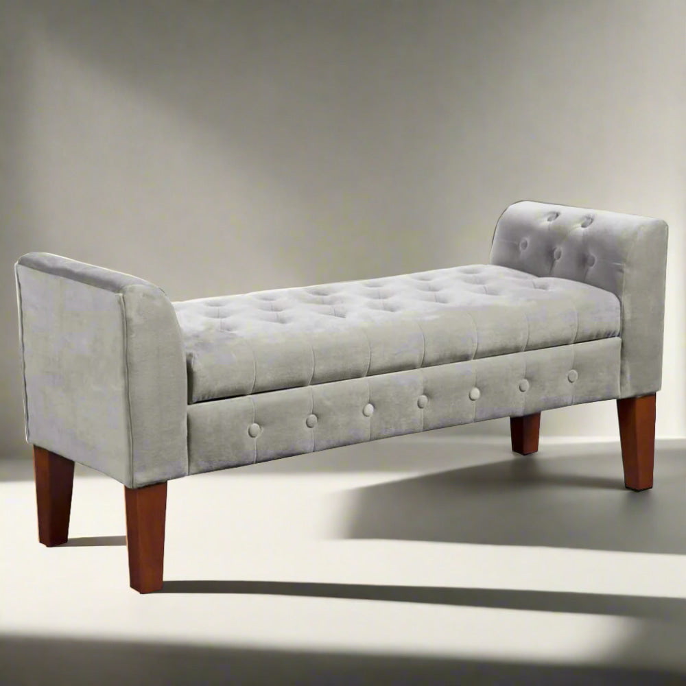 Storage Bench | Velvet Upholstered | Button Tufted | Settee | Gray Brown