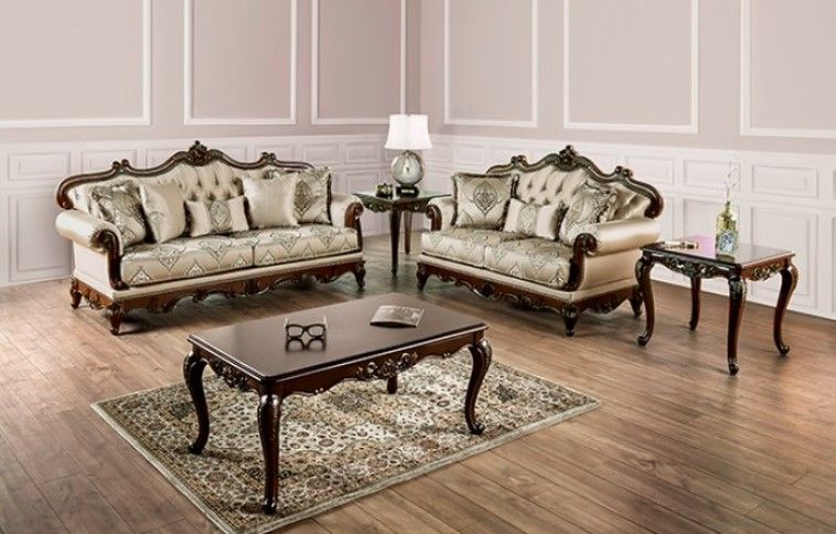 Vera 90 Inch Sofa, Button Tufted Beige Rolled Arms, Cherry Brown Solid Wood By Casagear Home