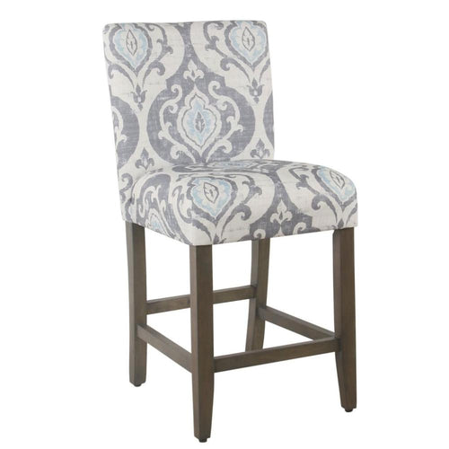 Counter Stool | Damask Fabric Upholstery | Gray Blue | Wood Frame