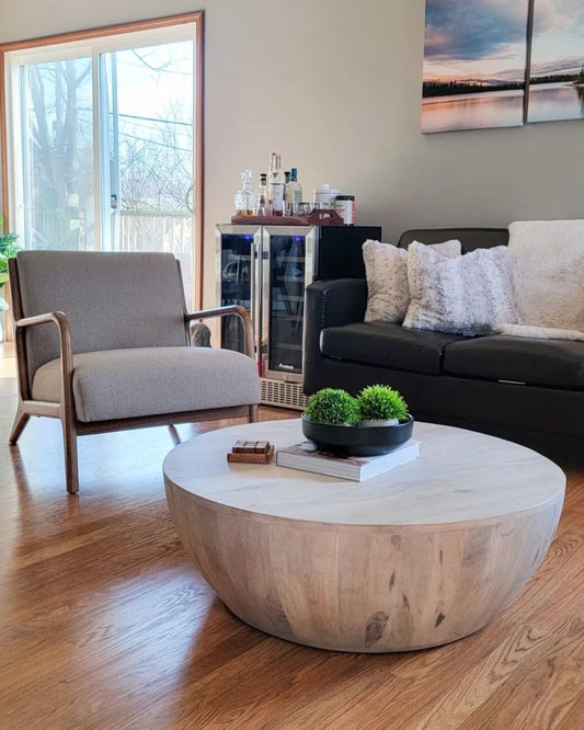 Arthur 12 Inch Round Mango Wood Coffee Table, Subtle Grains, Distressed White By the Urban Port