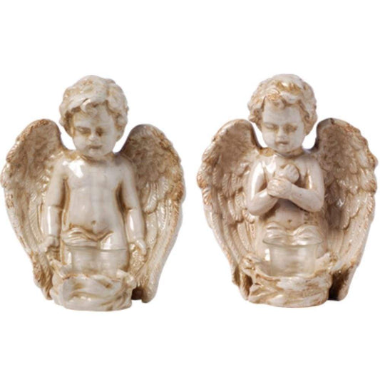 9 Inch Ceramic Figurine, Sitting Angels Bust, Set of 2, Cream, Brown By Casagear Home