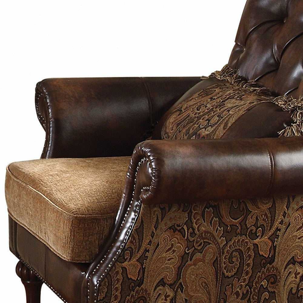 Leather & Fabric Upholstered Armchair With One Pillow Brown By Casagear Home AMF-05497