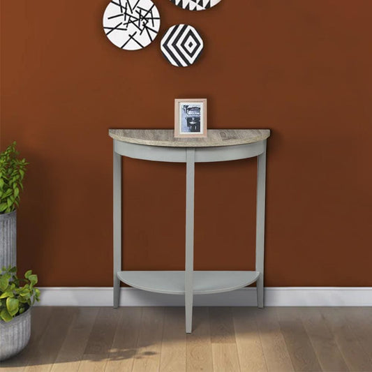 28 Inch Wooden Half Moon Console Table with Bottom Shelf, Gray - 90161
