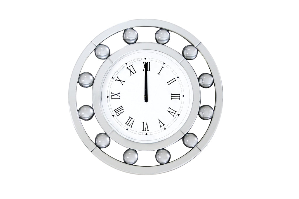 Mirrored Round Shape Wooden Wall Clock, White By Casagear Home