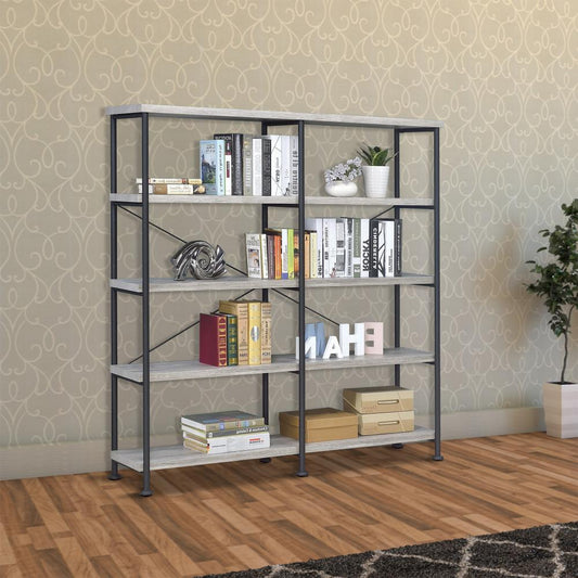 Olga 63 Inch Industrial 4 Tier Bookshelf, Particleboard, Metal Frame, Gray, Black By The Urban Port