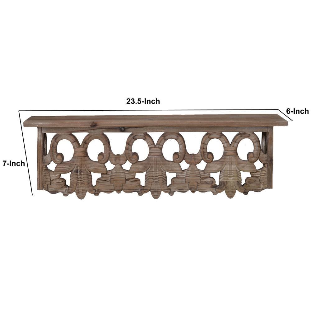 23.5 Inches Wooden Wall Shelf with Scrollwork Small Brown By Casagear Home BM180977