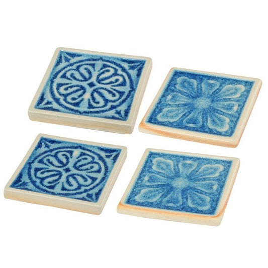 Square Shaped Ceramic Coaster with Intricate Detail, Blue and Cream, Set of Four By Casagear Home