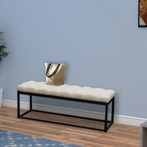 Bench | Metal Frame | Linen Upholstered | Diamond Tufted | Beige & Black