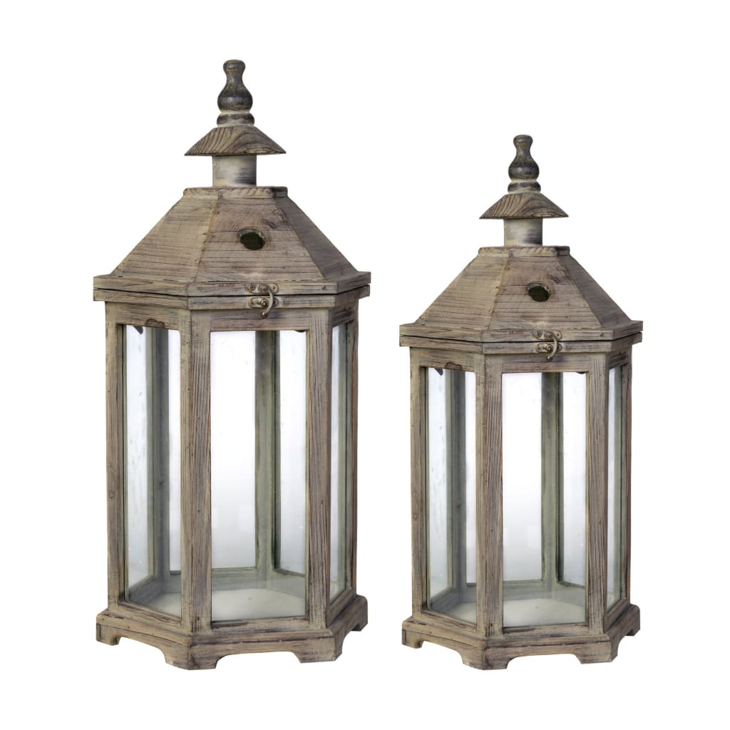 Lantern Set | Temple Style | Wood & Glass Panels | Set of 2 | Brown