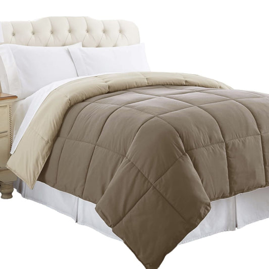 Genoa Twin Size Box Quilted Reversible Comforter By Casagear Home, Brown and Gold