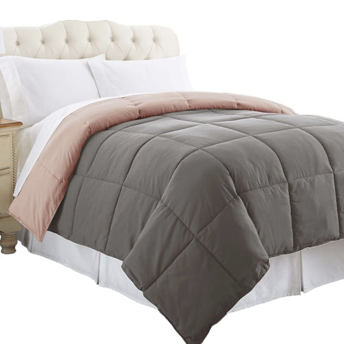 Genoa Twin Comforter | Box Quilted | Reversible | Gray & Pink