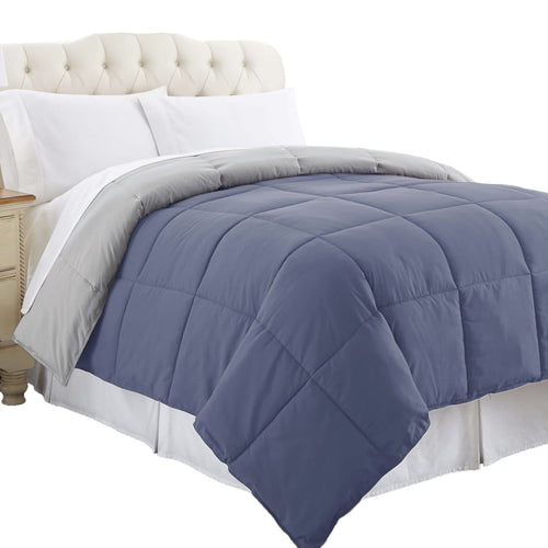 Genoa Queen Comforter | Box Quilted | Reversible | Silver & Blue