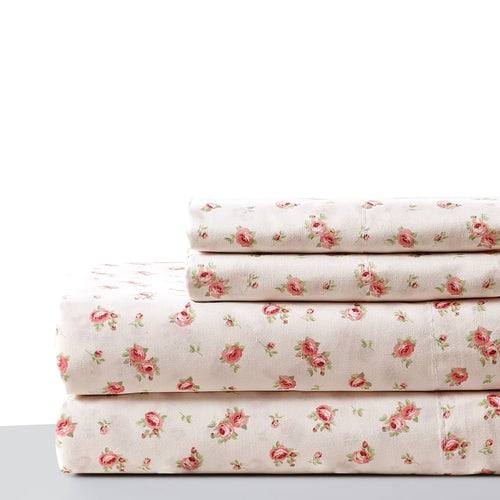 Melun 4 Piece Queen Sheet Set | Rose Pattern | Pink & White