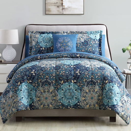 Caen 8 Piece King Size Printed Reversible Bed Set By Casagear Home, Blue