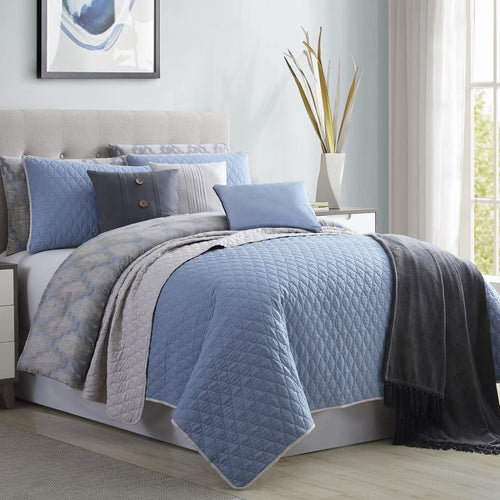 Andria Bed Set | 10 Piece Queen | Comforter & Coverlet | Blue & Gray