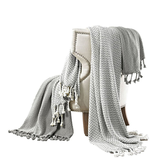 Calabria Herringbone Cotton Throw, Set of 2, Gray and White By Casagear Home