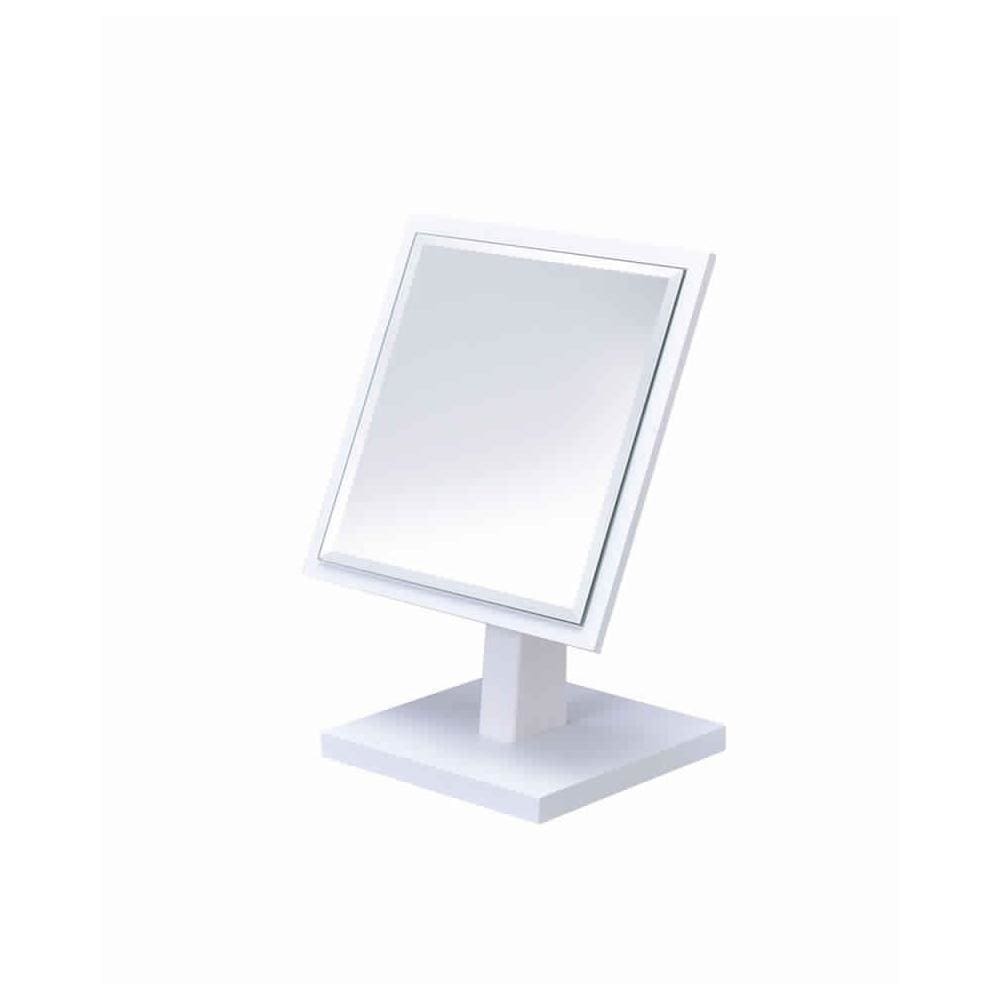 Makeup Mirror | Square | Pedestal Base | Wood | White & Silver