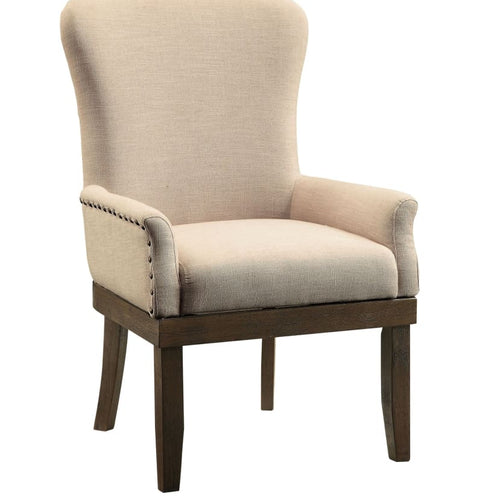 Armchair | Wood | Wing Back | Nailhead Trim | Beige & Brown
