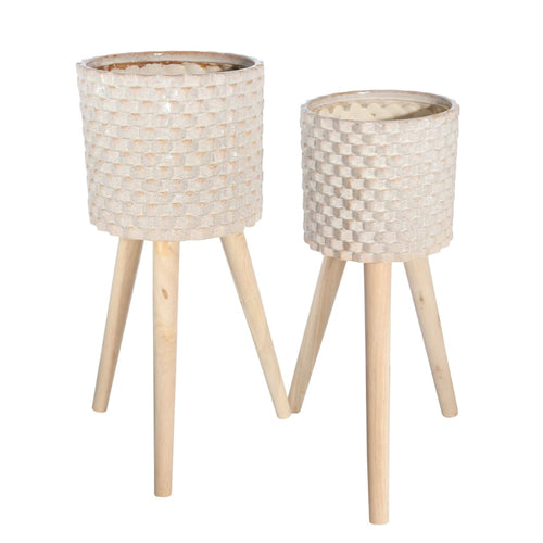 Planter | Textured Ceramic | Tripod Legs | Set of 2 | Cream & Brown