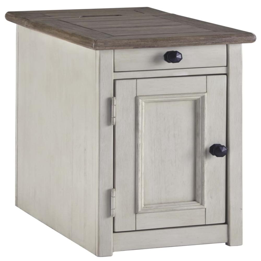 Chair Side Table | 1 Cabinet | Pull Out Tray | White & Brown