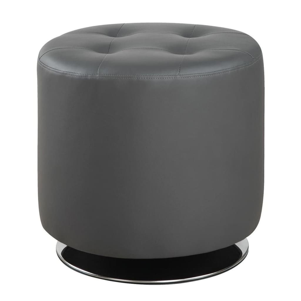 Ottoman | Swivel | Round | Faux Leather | Tufted Seat | Gray & Black