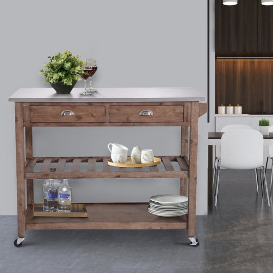 2 Drawers Wooden Kitchen Cart with Metal Top and Casters, Gray and Brown By Casagear Home