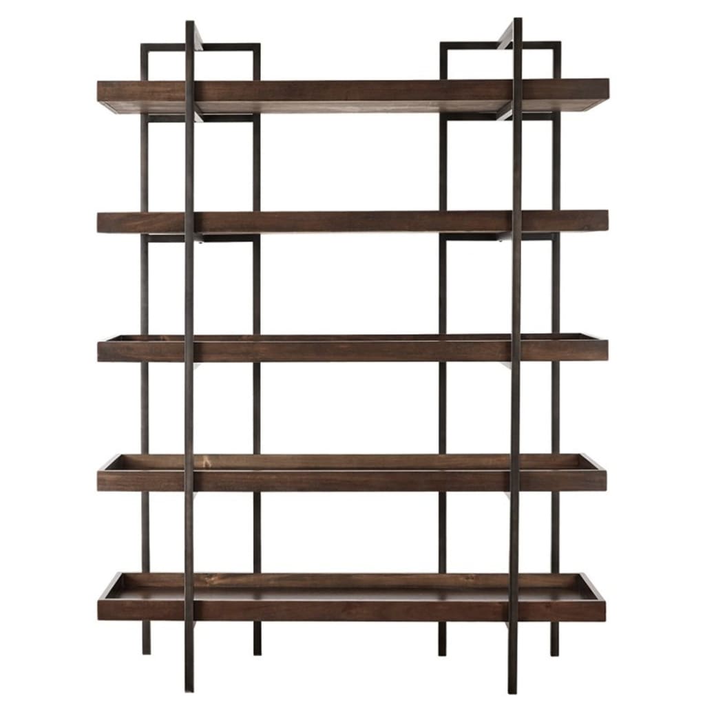 Ashley Bookcase with 5 Fixed Wooden Shelves and Metal Frame, Brown and Black