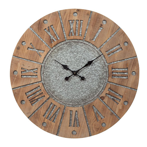 Wall Clock | Round Wood Frame | Metal Accents | Brown & Gray