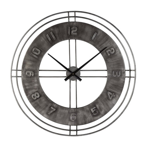 Wall Clock | Industrial Round Metal | Roman Numerals | Gray