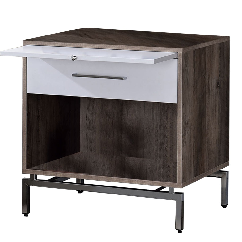 Accent Table | Wood | Open Storage | Pull Out Tray | Brown & White