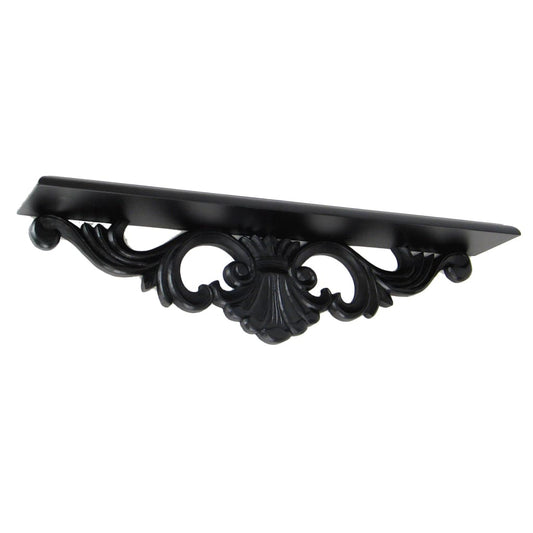 24" Floral Carved Wooden Floating Wall Shelf, Black By Casagear Home