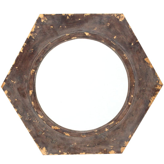 Rustic Style Wooden Wall Mirror with Hexagonal Frame, Silver and Brown By Casagear Home