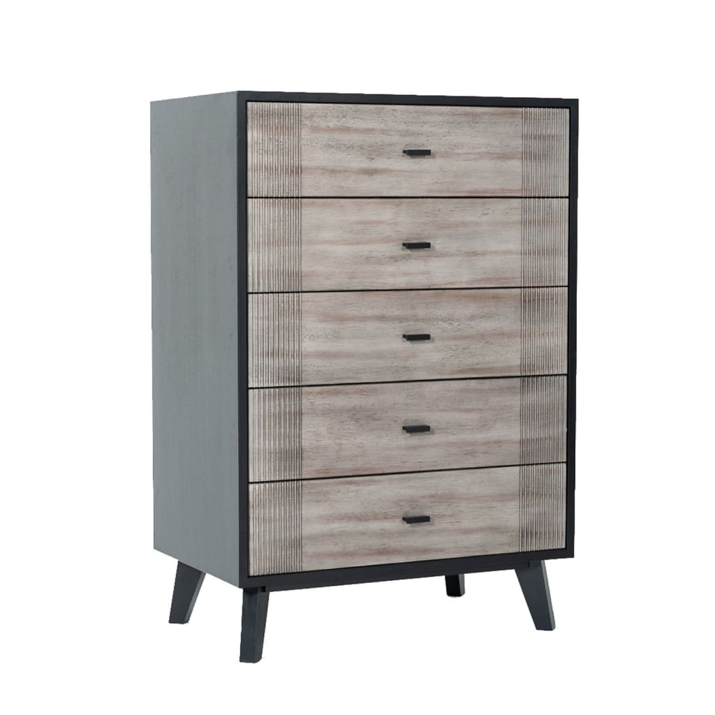 Tall Dresser Chest | Wood | 5 Drawers | Metal Bar Handles | Gray & Black