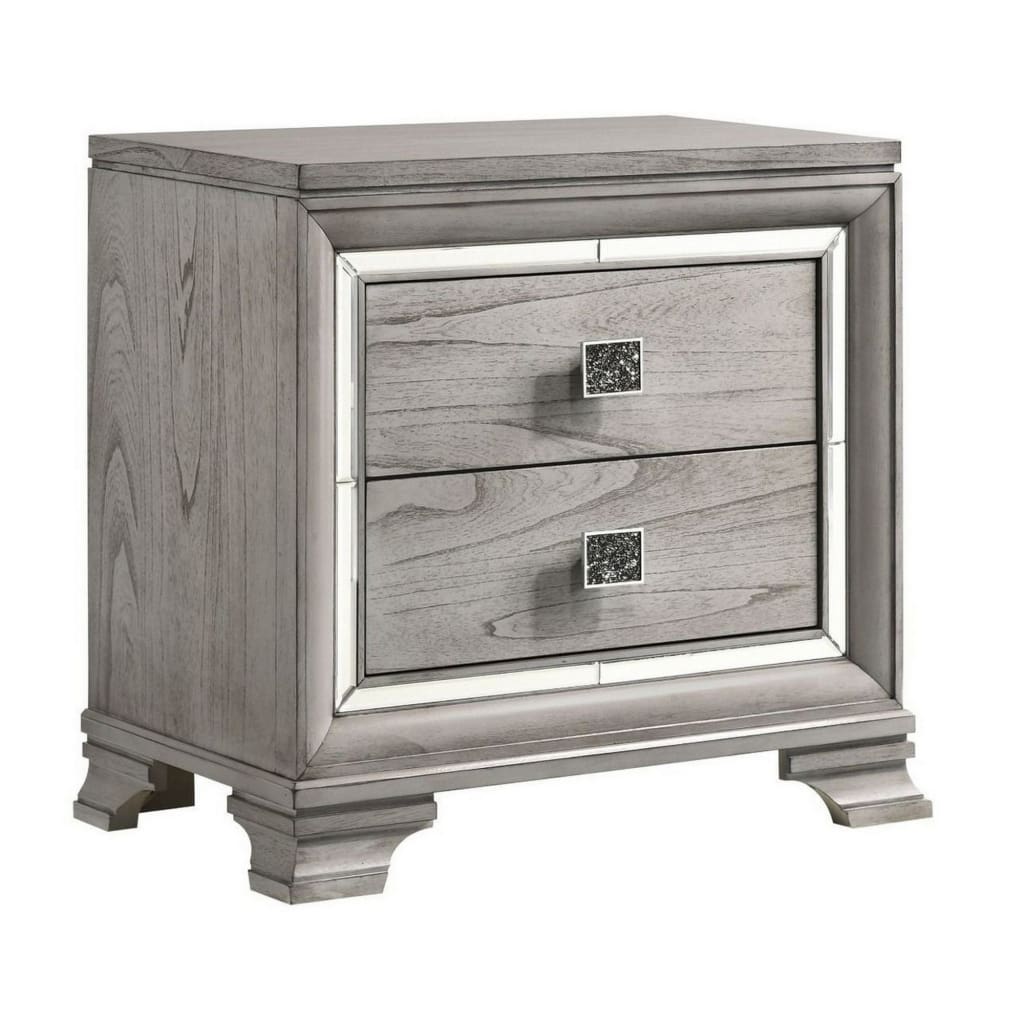 Nightstand | 2 Drawer | Mirror Accent | Bracket Feet | Light Gray